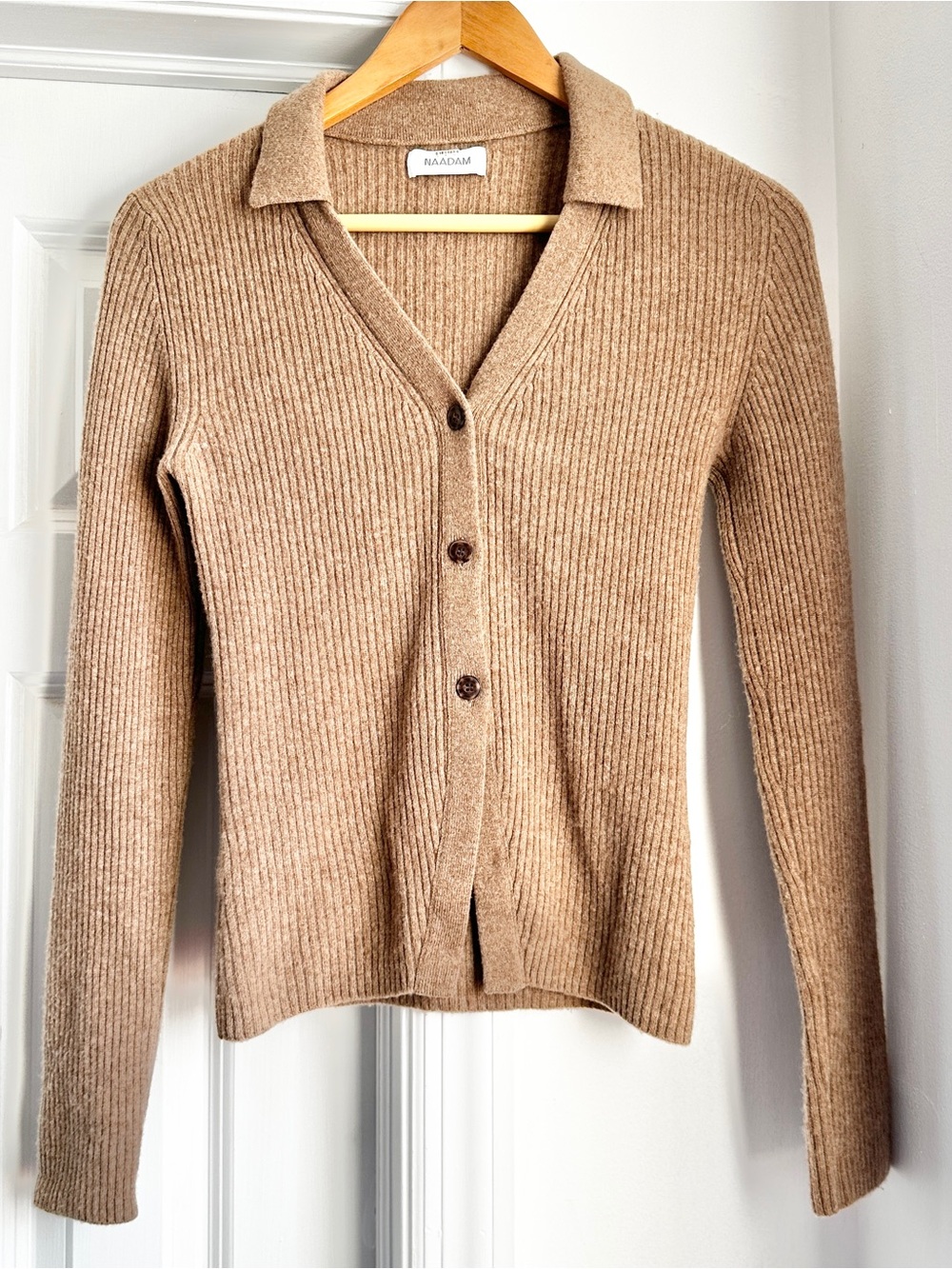 NAADAM Ribbed Polo-Collar Button Cardigan in Camel Tan